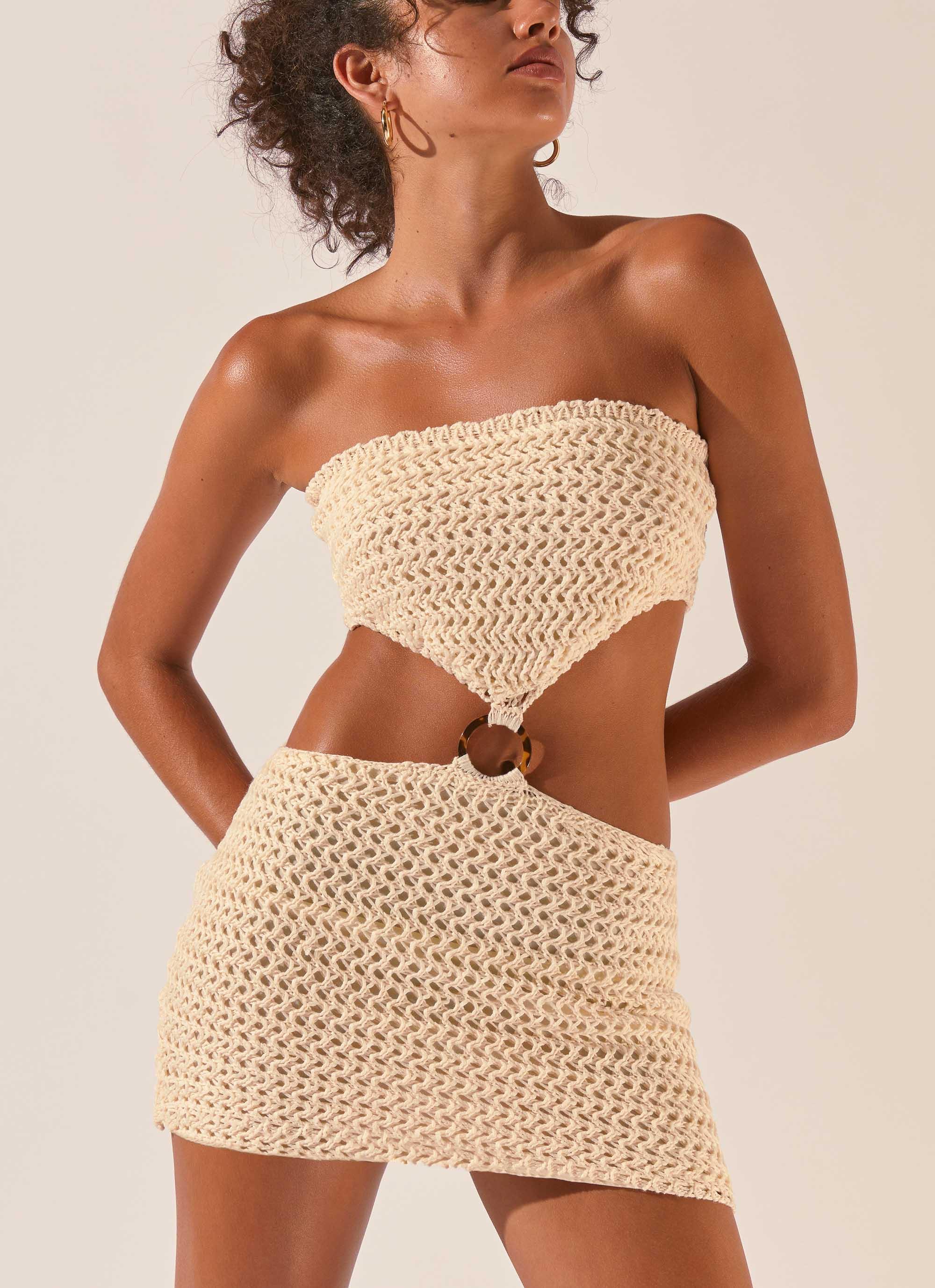 Balmy Nights Crochet Mini Dress - Seashell - Image 6
