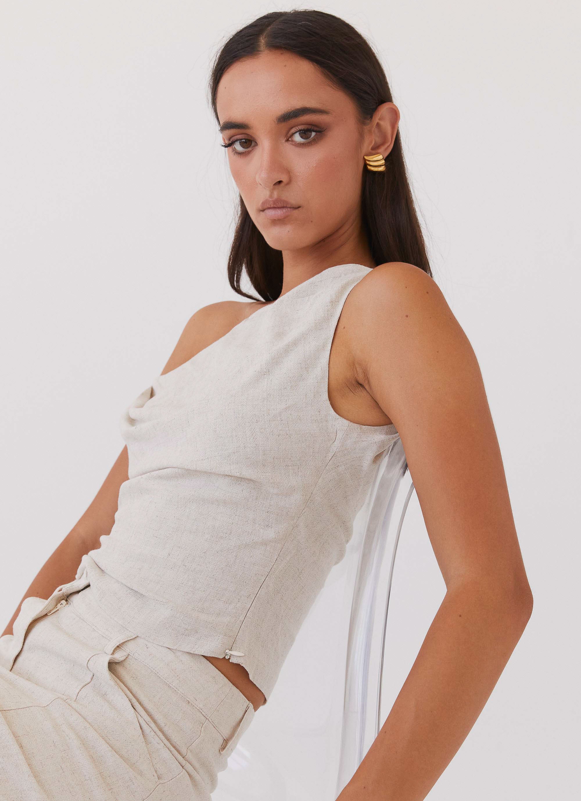 Marissa Linen One Shoulder Top - Oatmeal - Image 4