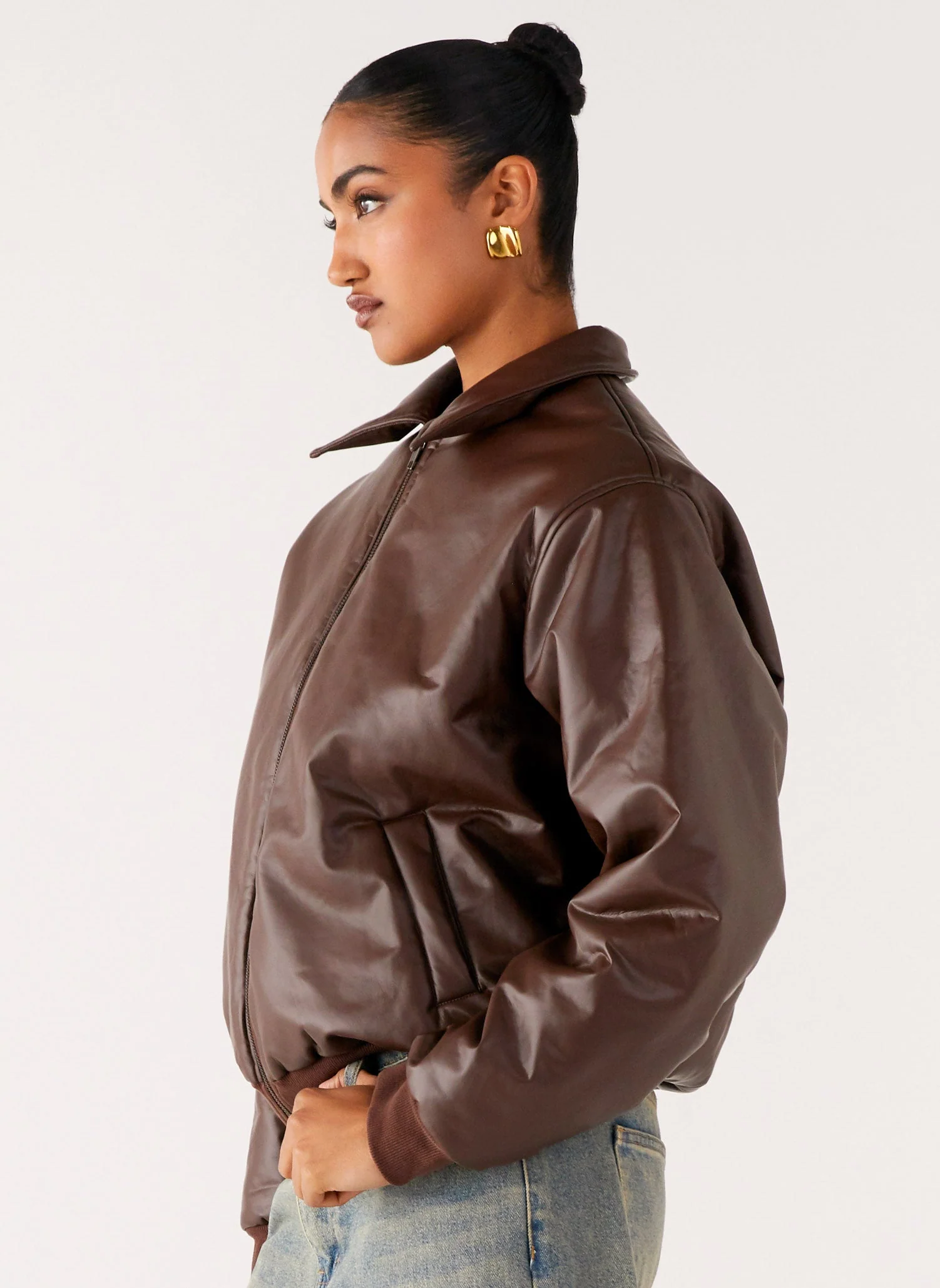 Outlands Faux Leather Bomber Jacket - Chocolate - Image 3