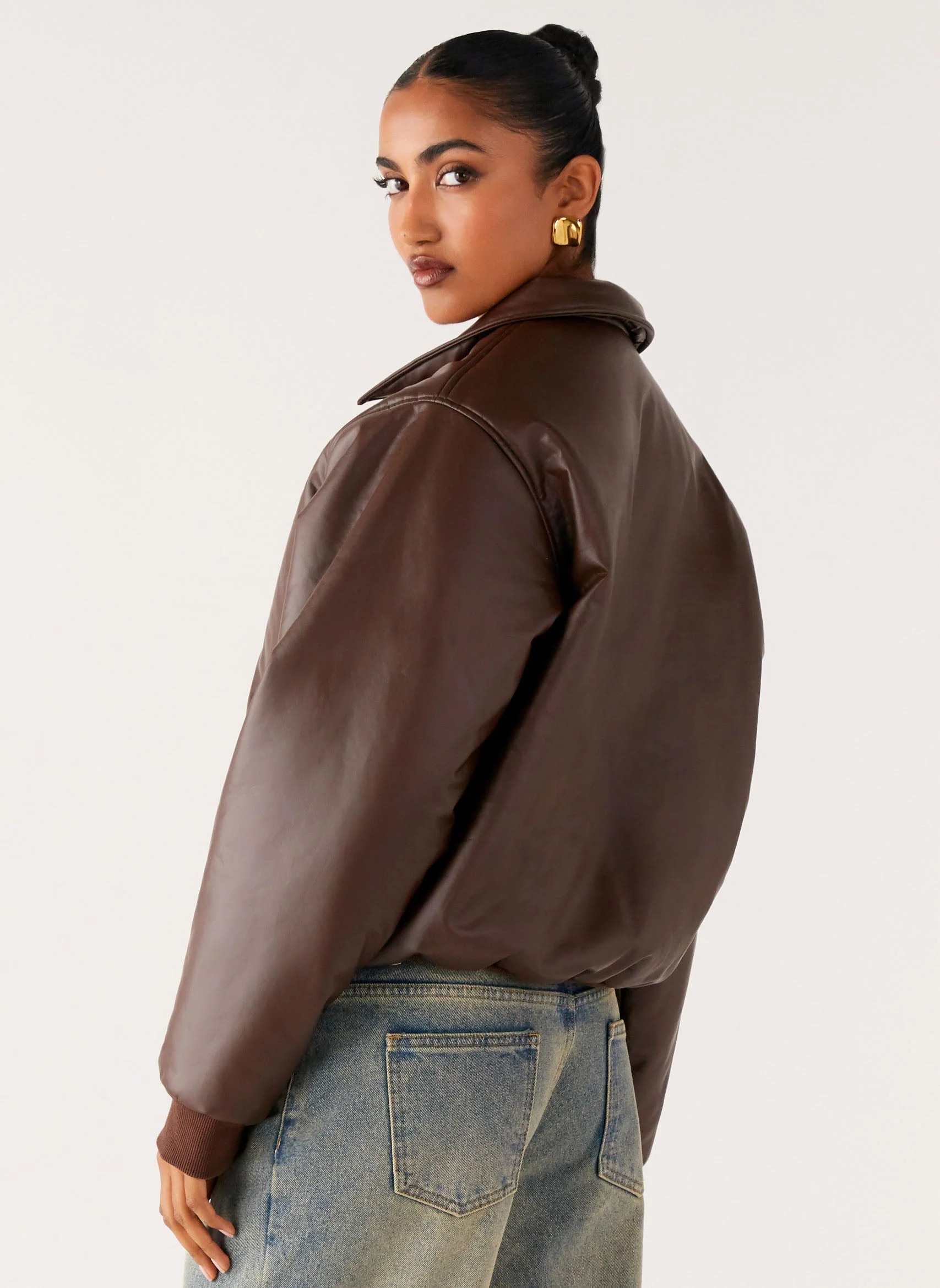 Outlands Faux Leather Bomber Jacket - Chocolate - Image 5