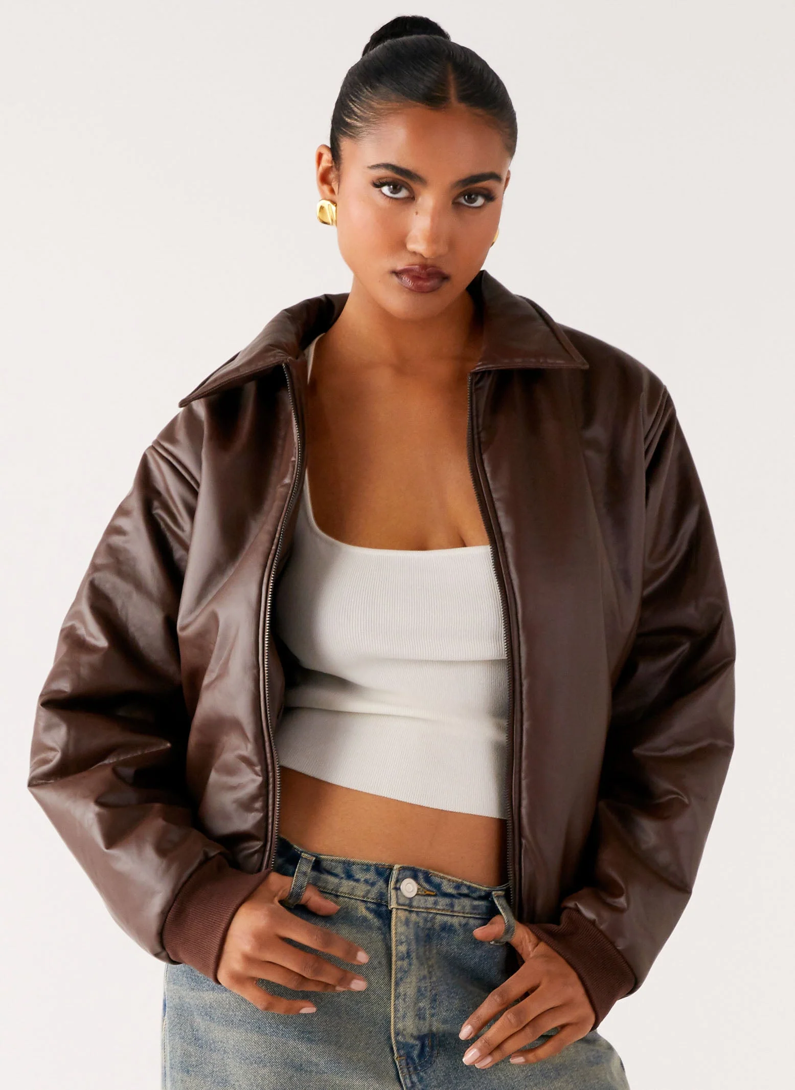 Outlands Faux Leather Bomber Jacket - Chocolate - Image 6