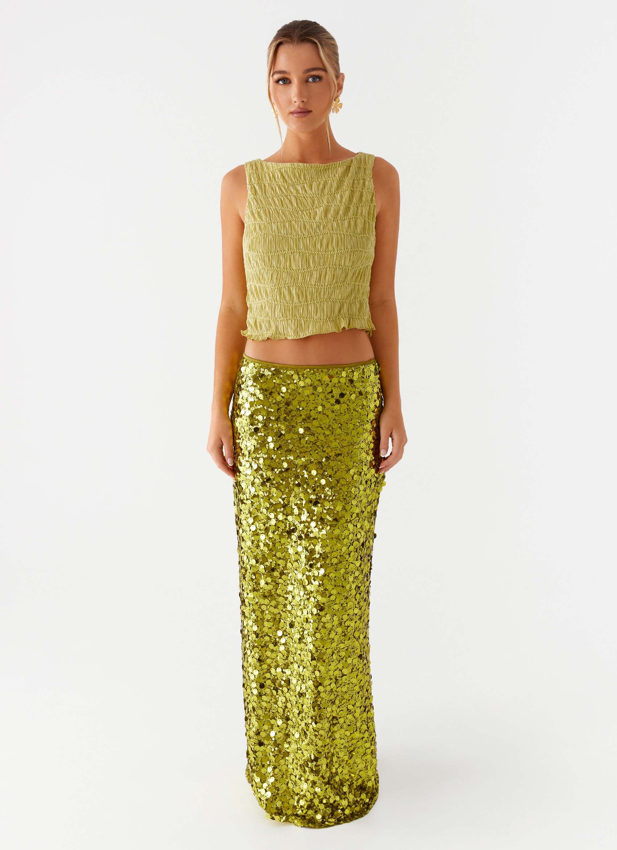 Perfect Places Low Rise Sequin Maxi Skirt - Olive - Image 3