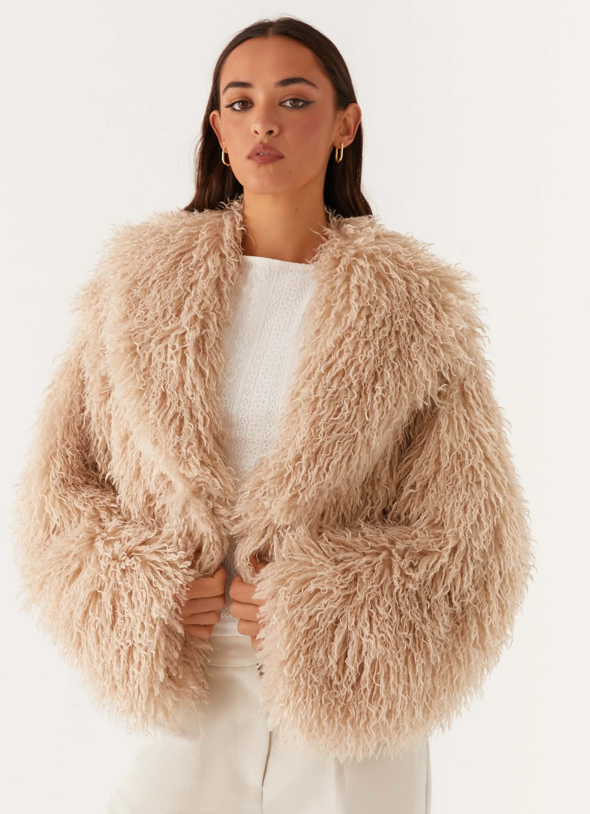 Virginia Cropped Faux Fur Jacket - Taupe - Image 3