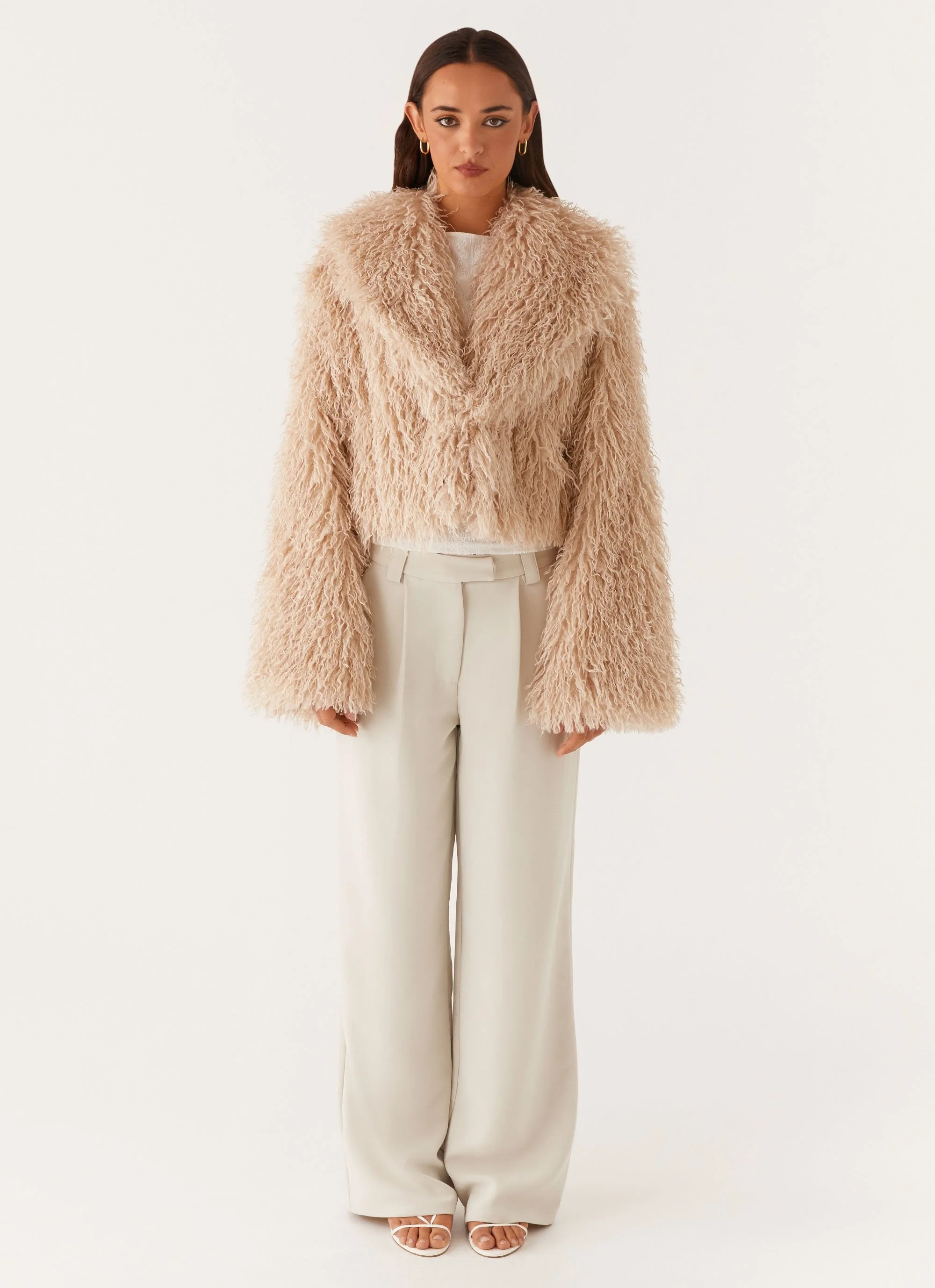 Virginia Cropped Faux Fur Jacket - Taupe - Image 4