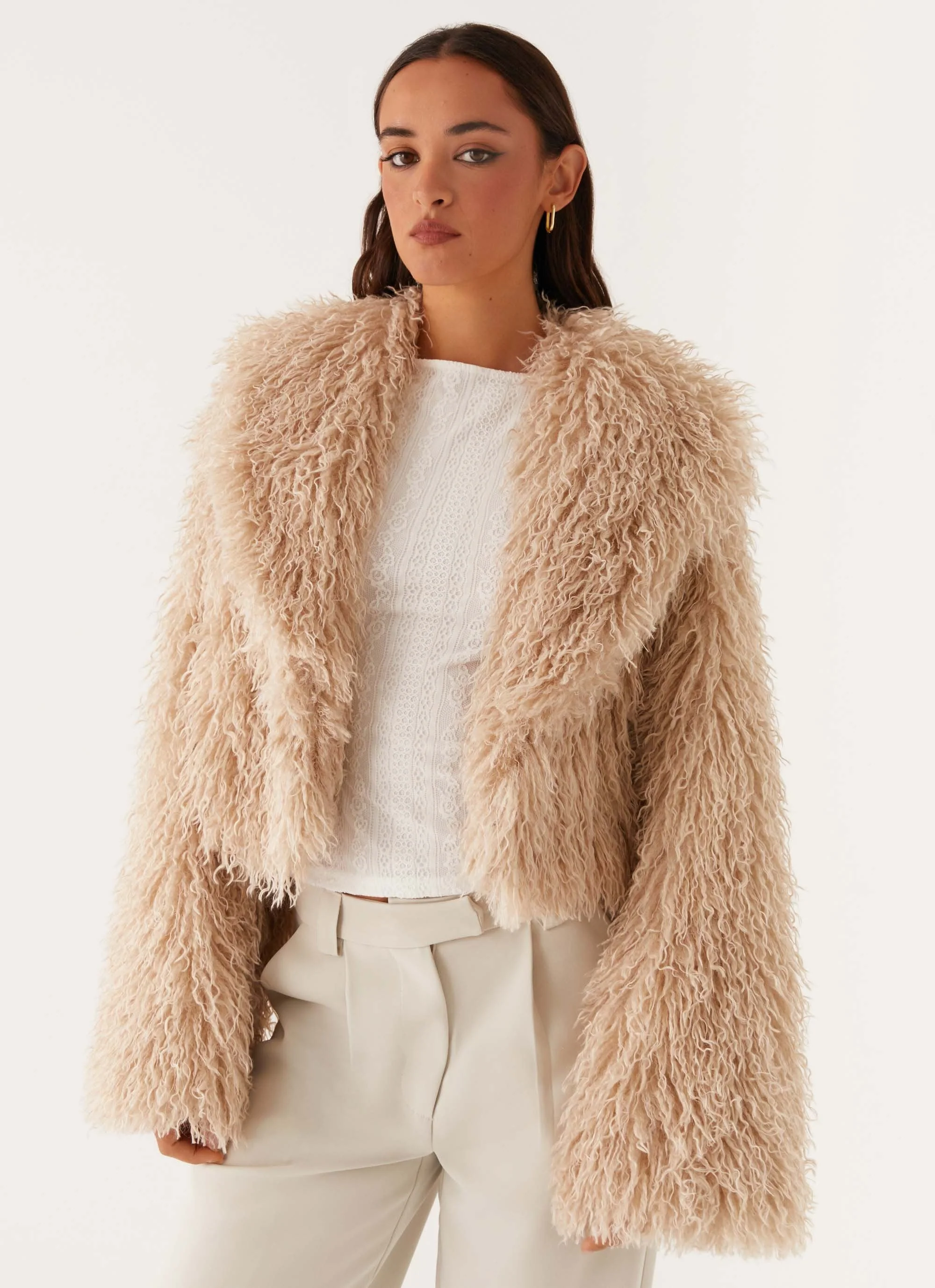 Virginia Cropped Faux Fur Jacket - Taupe - Image 8